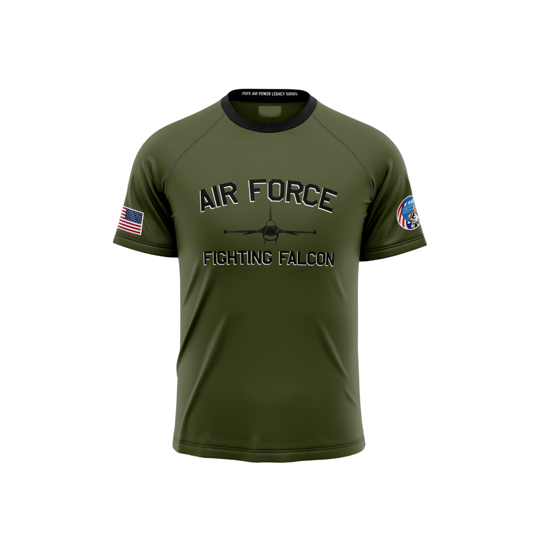 Air Force Arched F-16 Fighting Falcon Green Performance Tee (Youth and Adult Sizes)