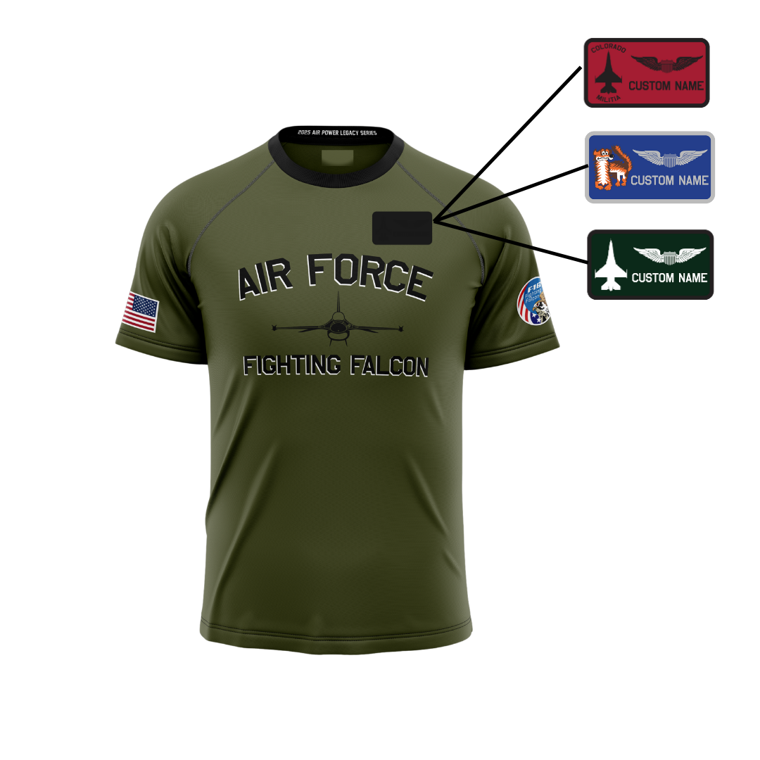 Air Force Arched F-16 Fighting Falcon Green Performance Tee (Youth and Adult Sizes)