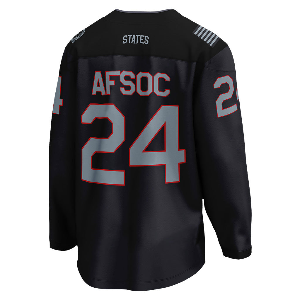 The back view of Air Force Falcons' special edition AFSOC hockey jersey