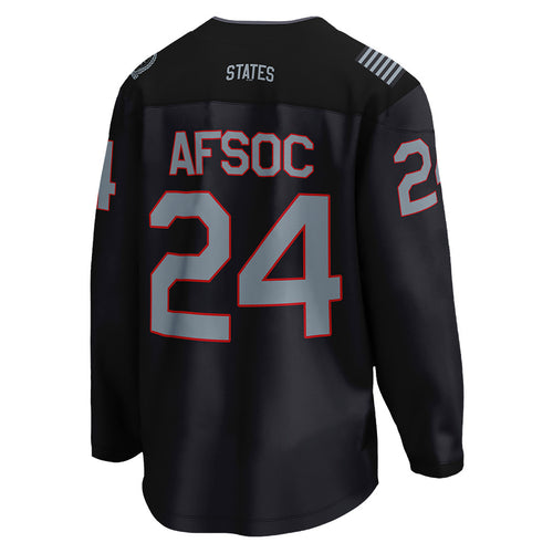 The back view of Air Force Falcons' special edition AFSOC hockey jersey