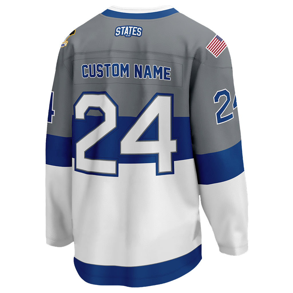 The back view of Air Force Falcons' gray alternate hockey jersey