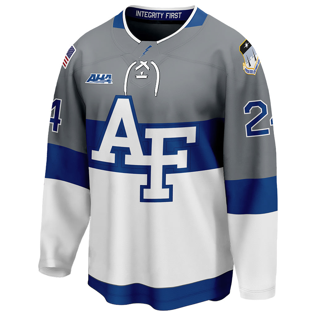 The front view of Air Force Falcons' gray alternate hockey jersey