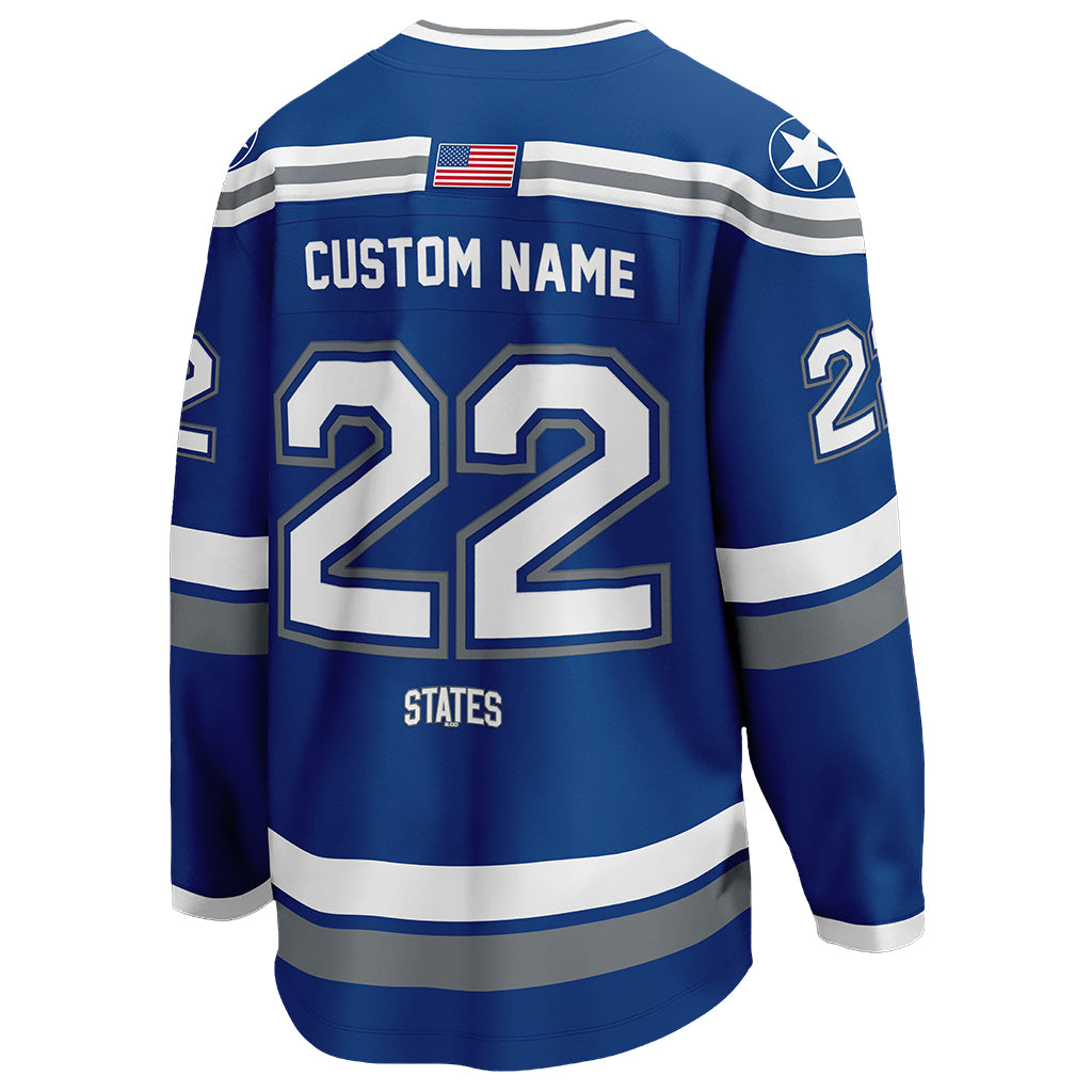 The back view of Air Force Falcons' blue away hockey jersey