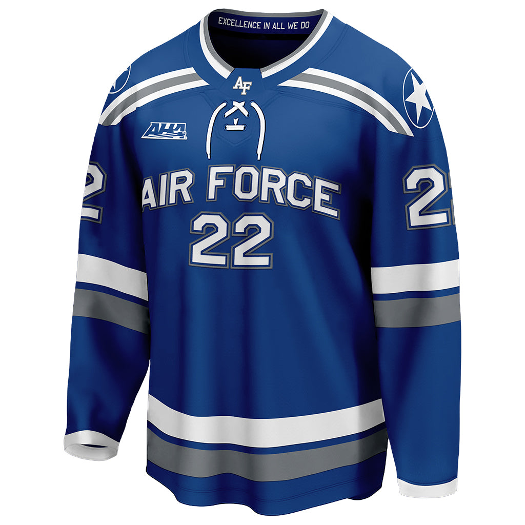 The front view of Air Force Falcons' blue away hockey jersey