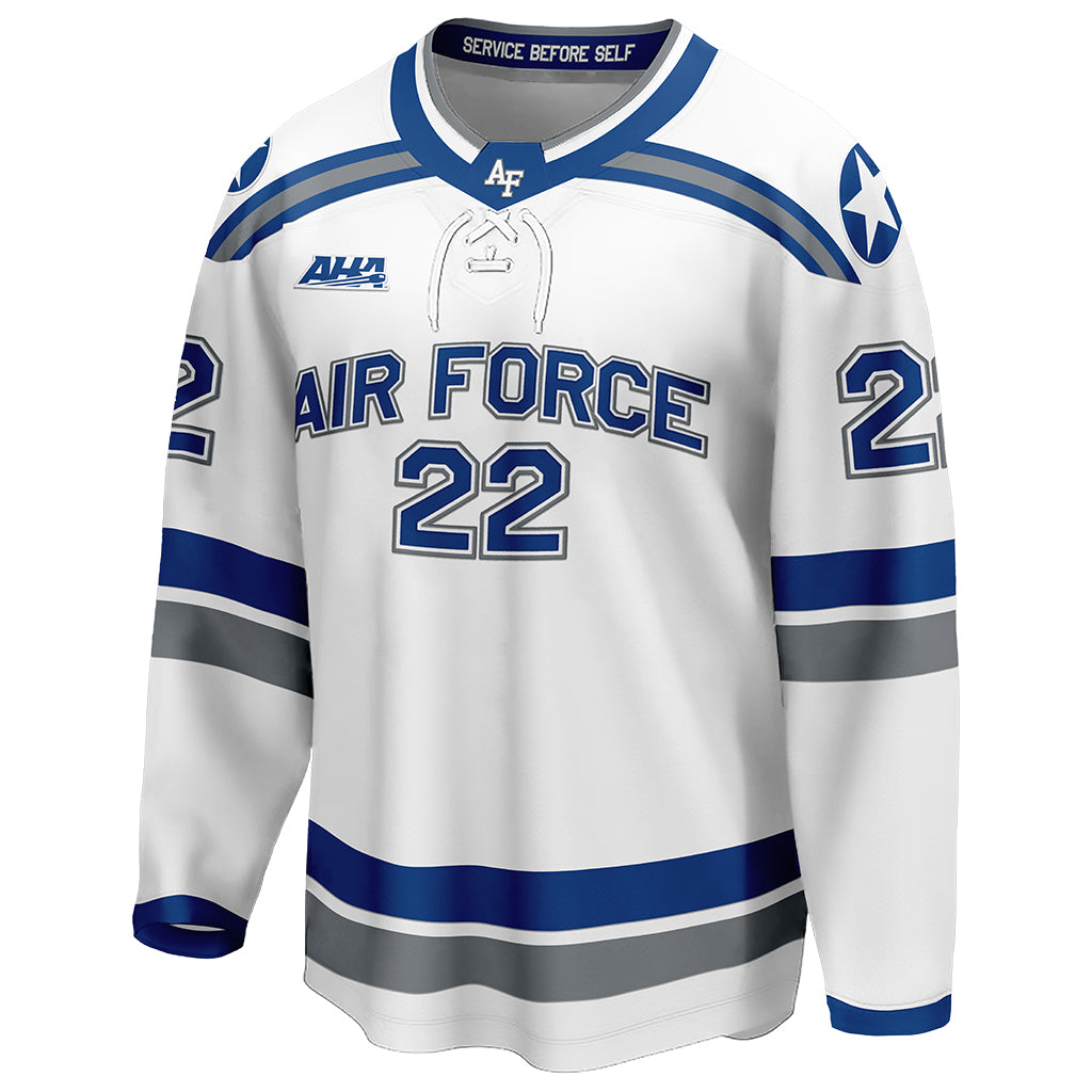 The front view of Air Force Falcons' white home hockey jersey