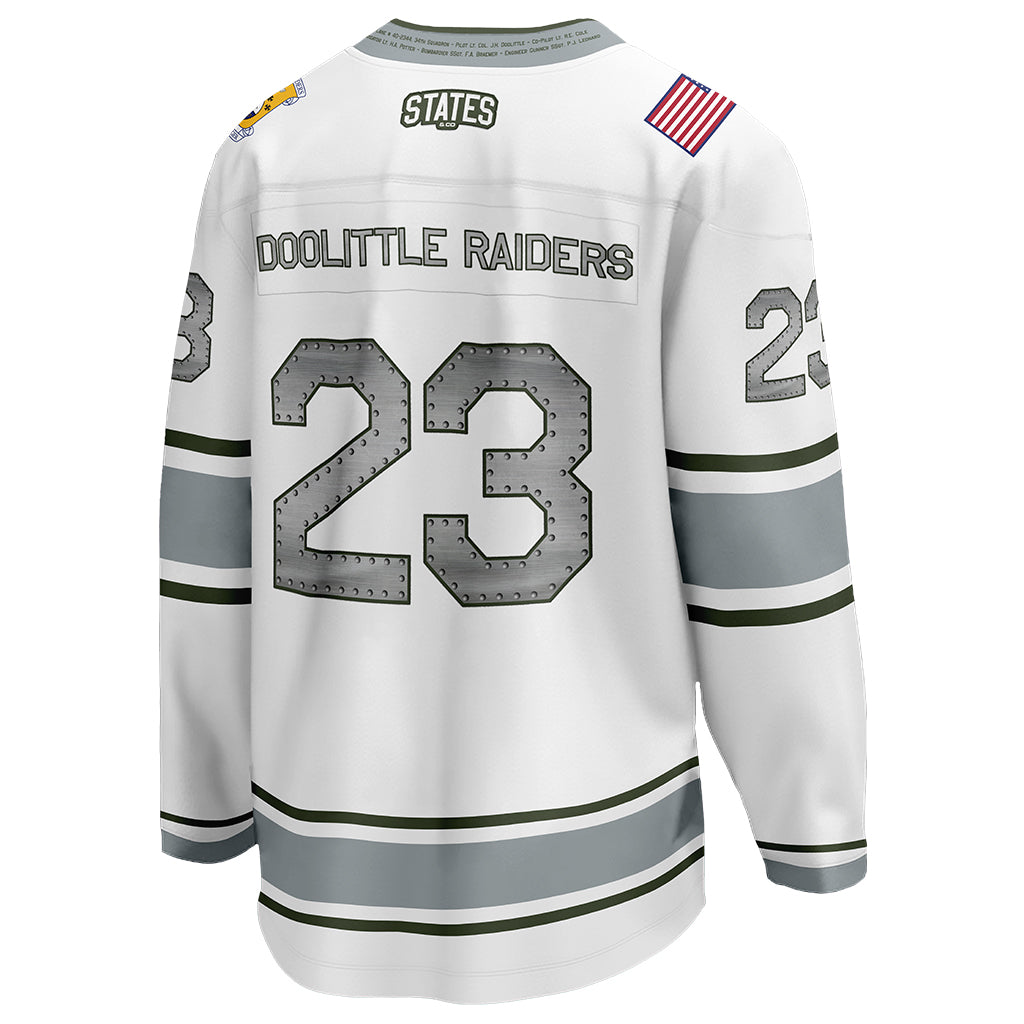 The back view of Air Force Falcons' special edition Doolittle Raiders hockey jersey