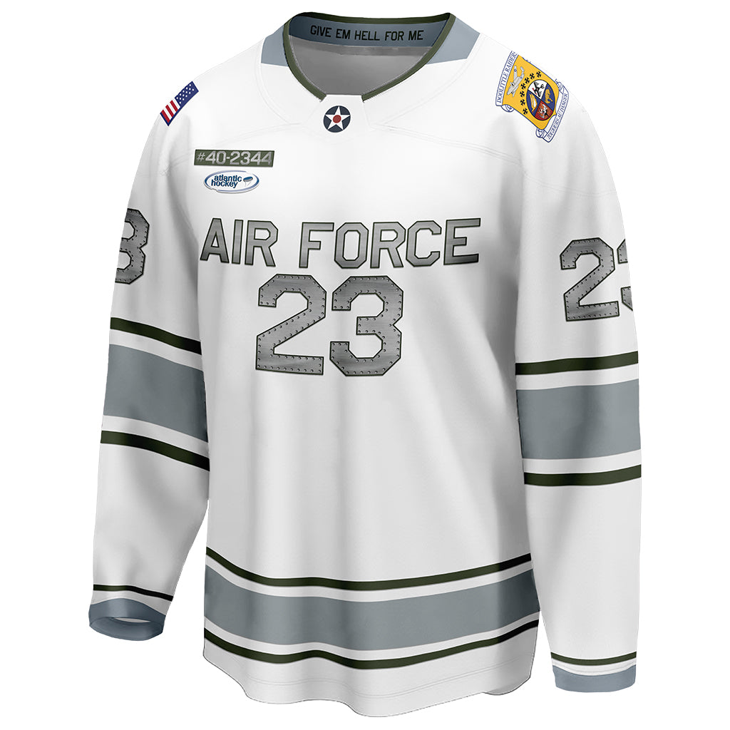 The front view of Air Force Falcons' special edition Doolittle Raiders hockey jersey
