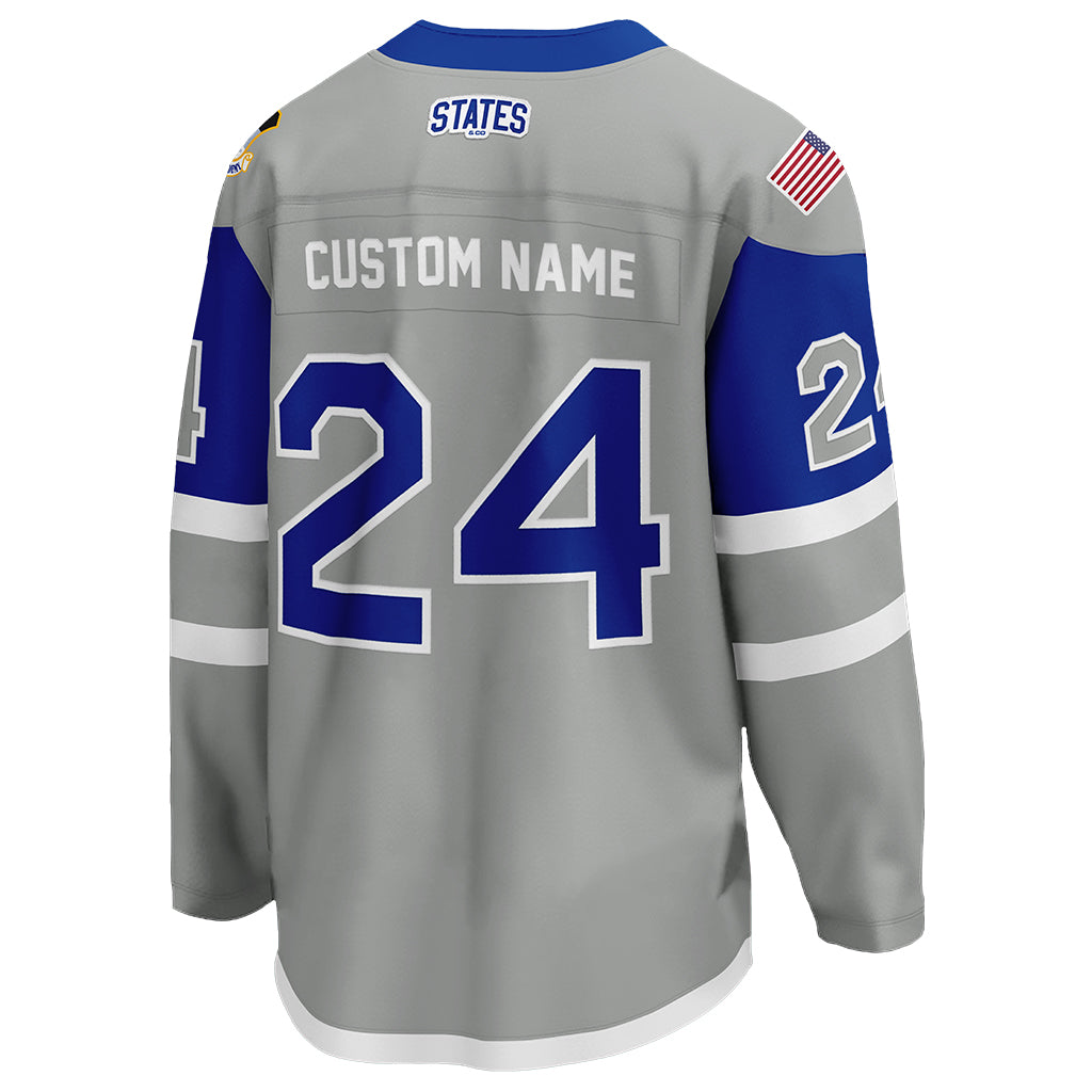The back view of Air Force Falcons' gray alternate hockey jersey