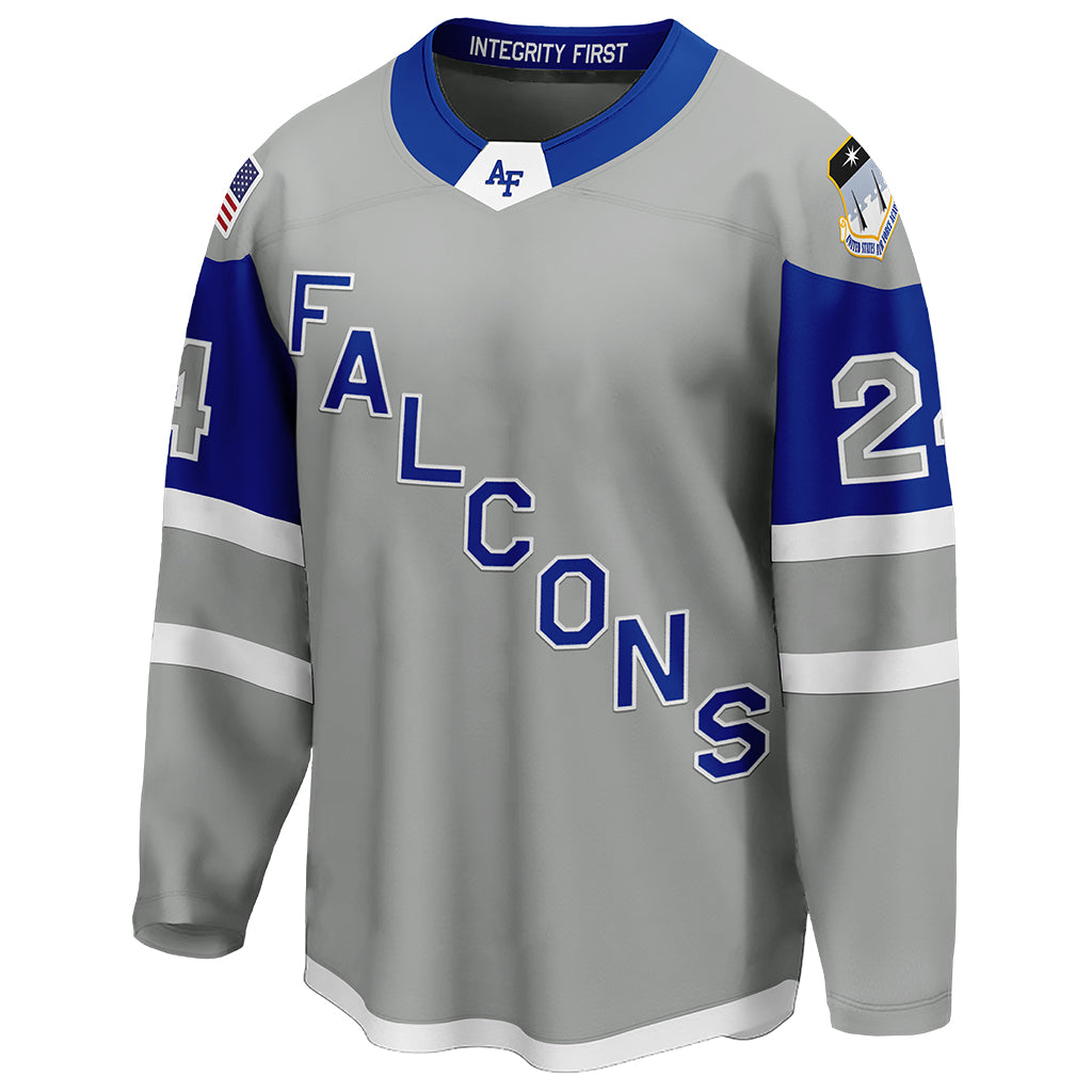 The front view of Air Force Falcons' gray alternate hockey jersey