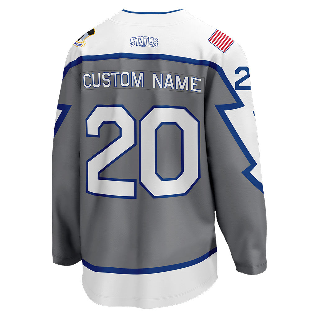 The front view of Air Force Falcons' gray bolt alternate hockey jersey