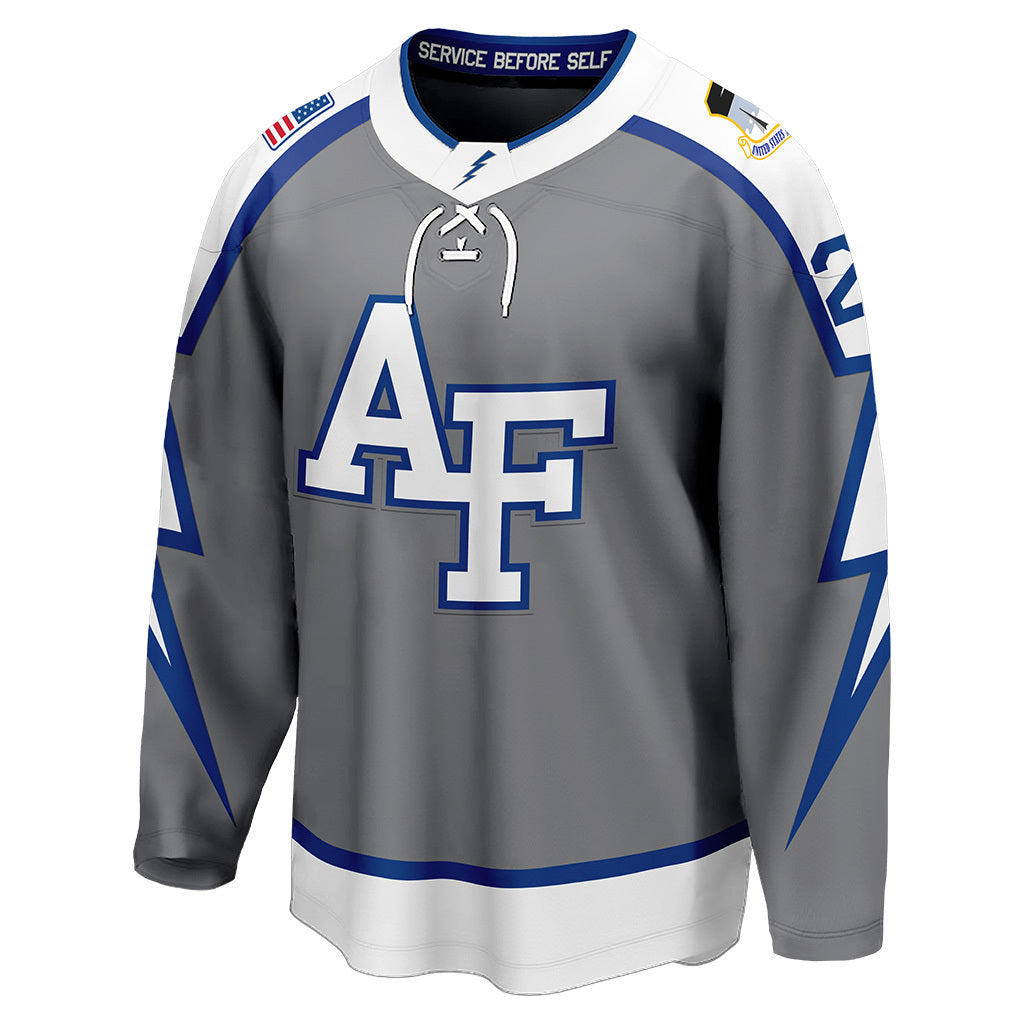 The front view of Air Force Falcons' gray bolt alternate hockey jersey