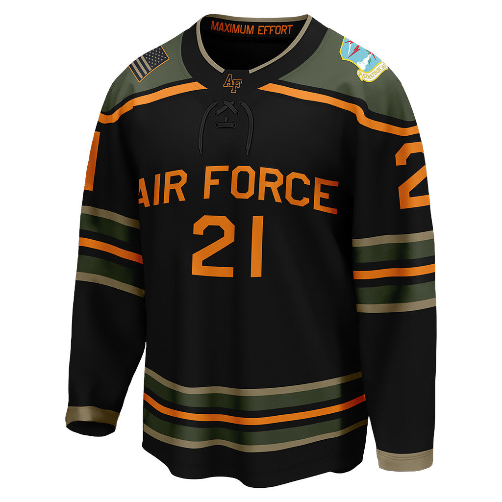 The front view of Air Force Falcons' special edition Linebacker II hockey jersey