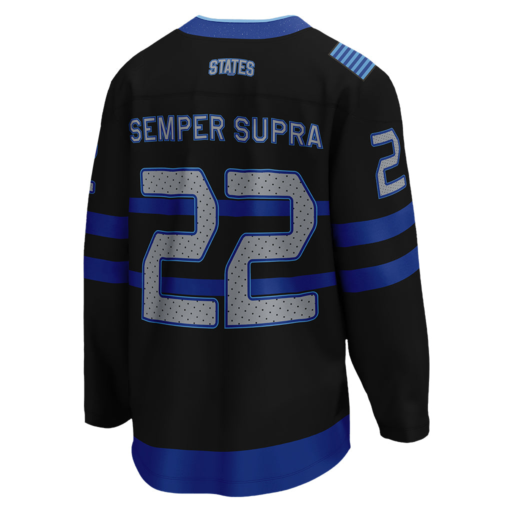 The back view of Air Force Falcons' special edition Space Force hockey jersey
