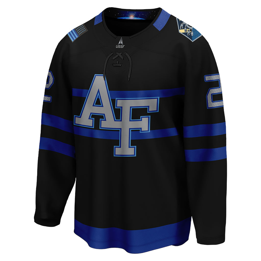 The front view of Air Force Falcons' special edition Space Force hockey jersey