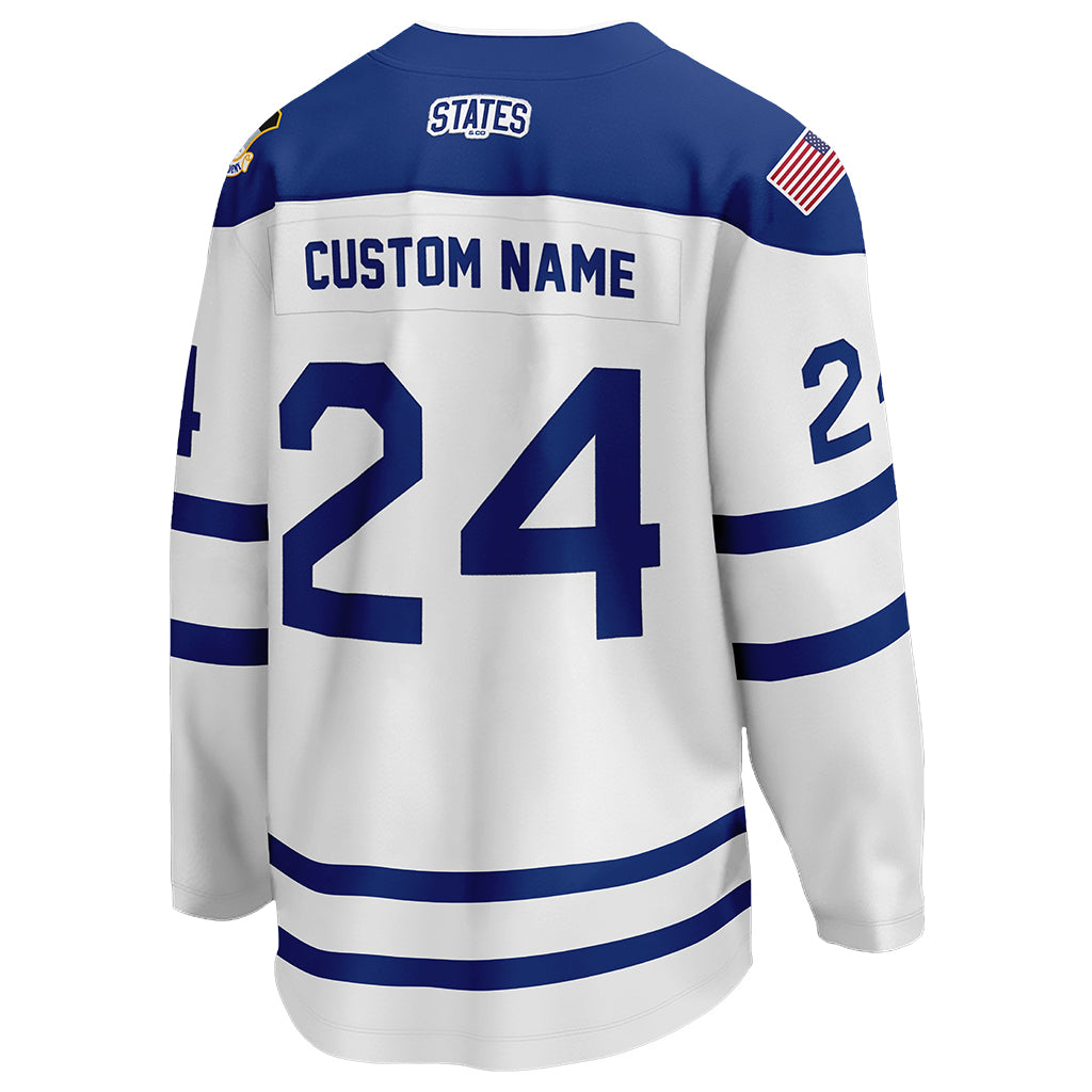 The back view of Air Force Falcons' USAFA white hockey jersey