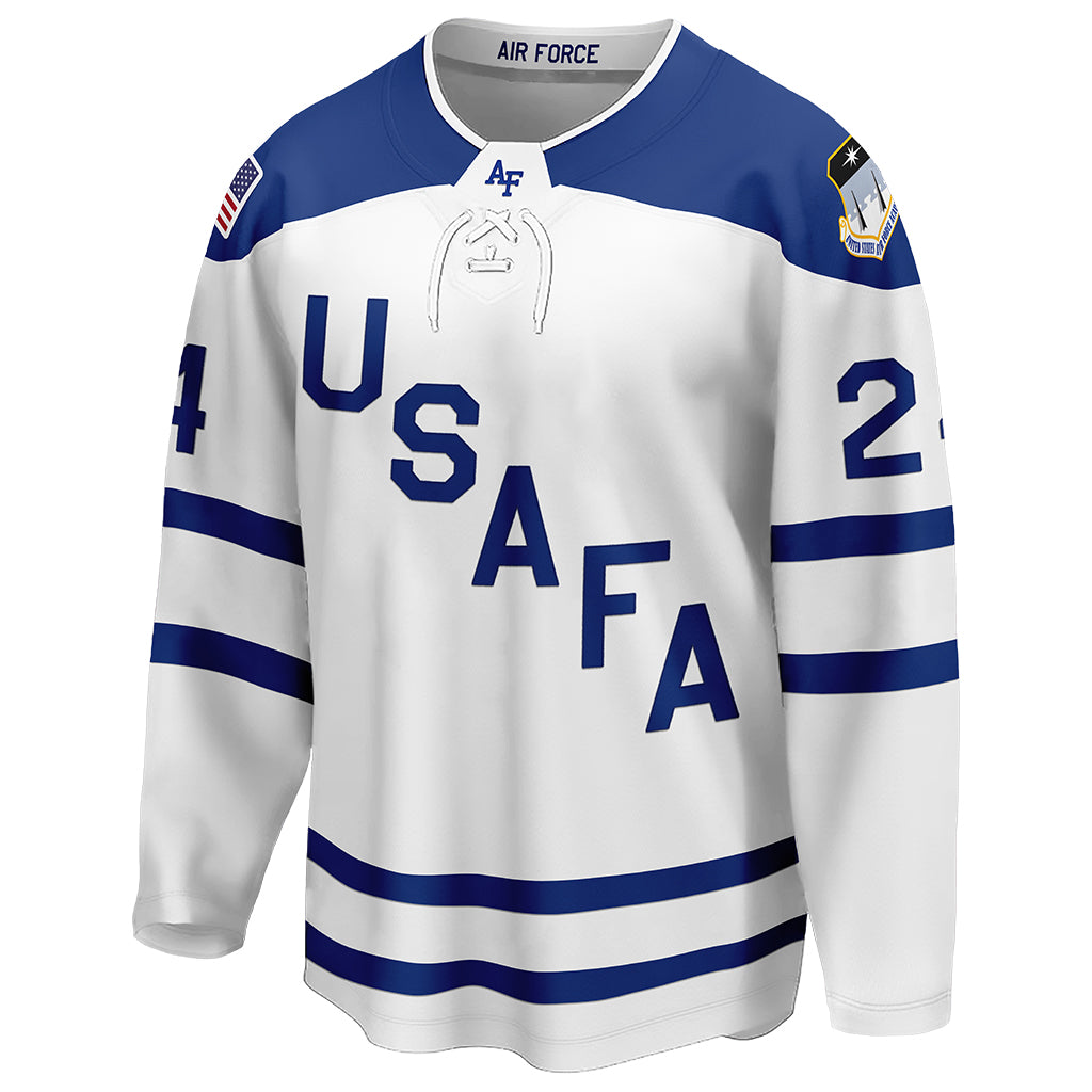 The front view of Air Force Falcons' USAFA white hockey jersey
