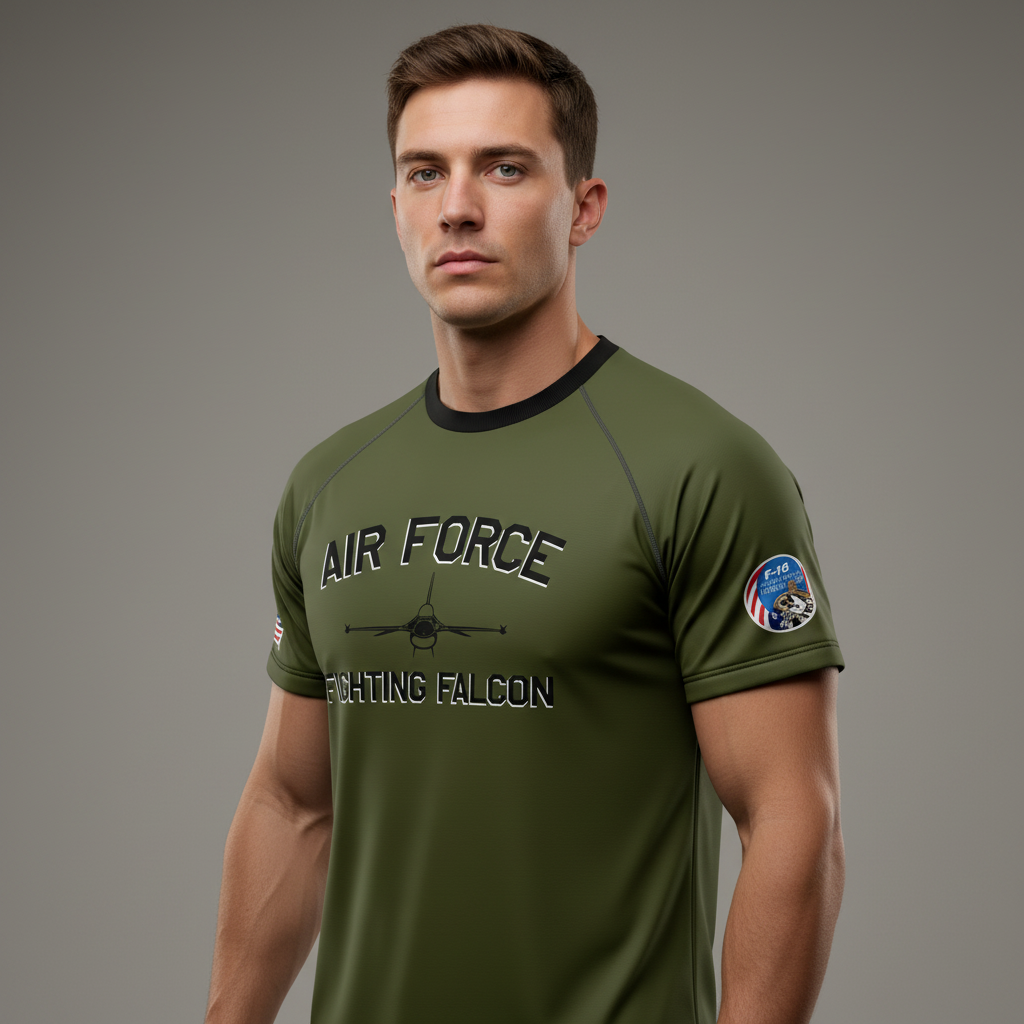 Air Force Arched F-16 Fighting Falcon Green Performance Tee (Youth and Adult Sizes)